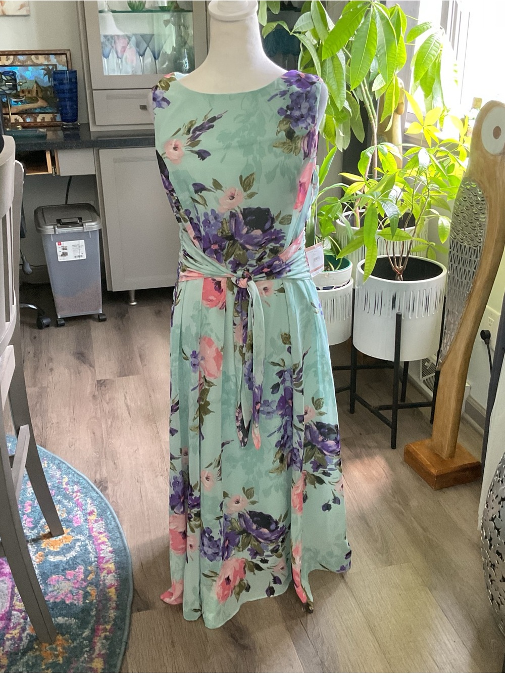 Anne Klein Mint Green Floral Maxi Dress with Self Tie